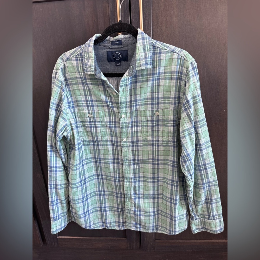 Even Tide Men’s Large Regular Blue and Green Plaid Casual Shirt